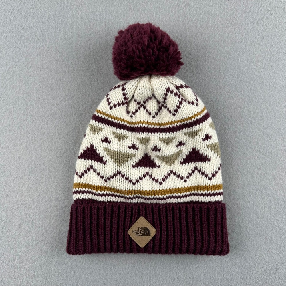 The North Face Beanie Unisex OS Burgundy Fair Isle Knit Pom Pom Hat